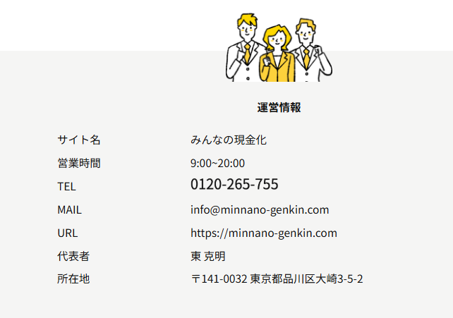 みんなの現金化公式LPの会社概要。運営責任者、電話番号、所在地、営業時間を掲載