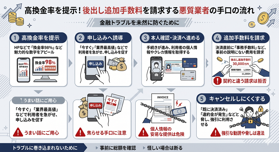 高換金率を提示してから追加手数料を請求するケース