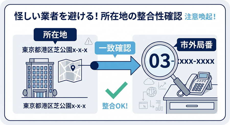 固定電話番号と所在地に不自然なズレがないか調べる