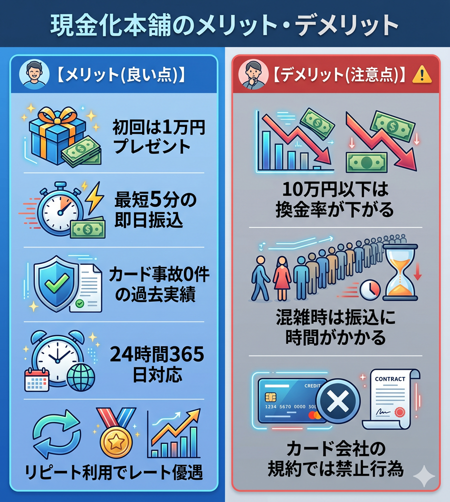 金化本舗のメリットとデメリットの対比図。即日振込やプレゼントの利点と、少額時の換金率低下や規約に関する注意点を比較