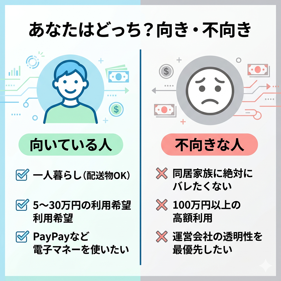 ライフアップ現金化が向いている人と不向きな人の特徴を左右対比で図解。一人暮らしや少額利用に向き、家族同居や高額利用には不向き