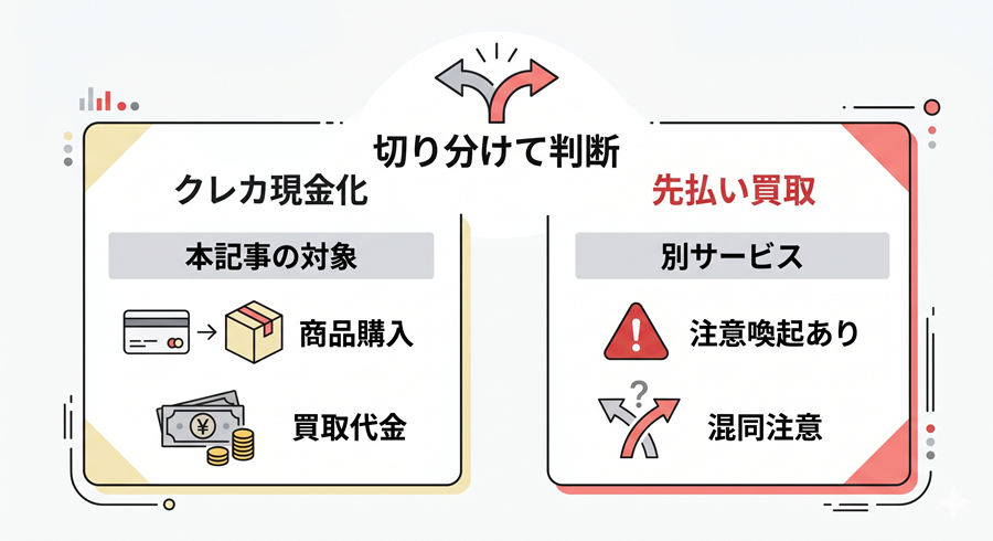 クレカ現金化と先払い買取の違い。ライフアップ現金化の記事対象と注意喚起サービスを切り分けて図解