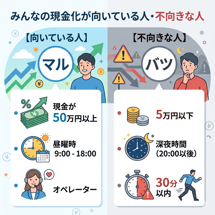 みんなの現金化が向いている人と不向きな人の特徴を左右対比で図解。高額利用や平日昼間希望者には向くが、少額や深夜帯希望者には不向きであることを整理