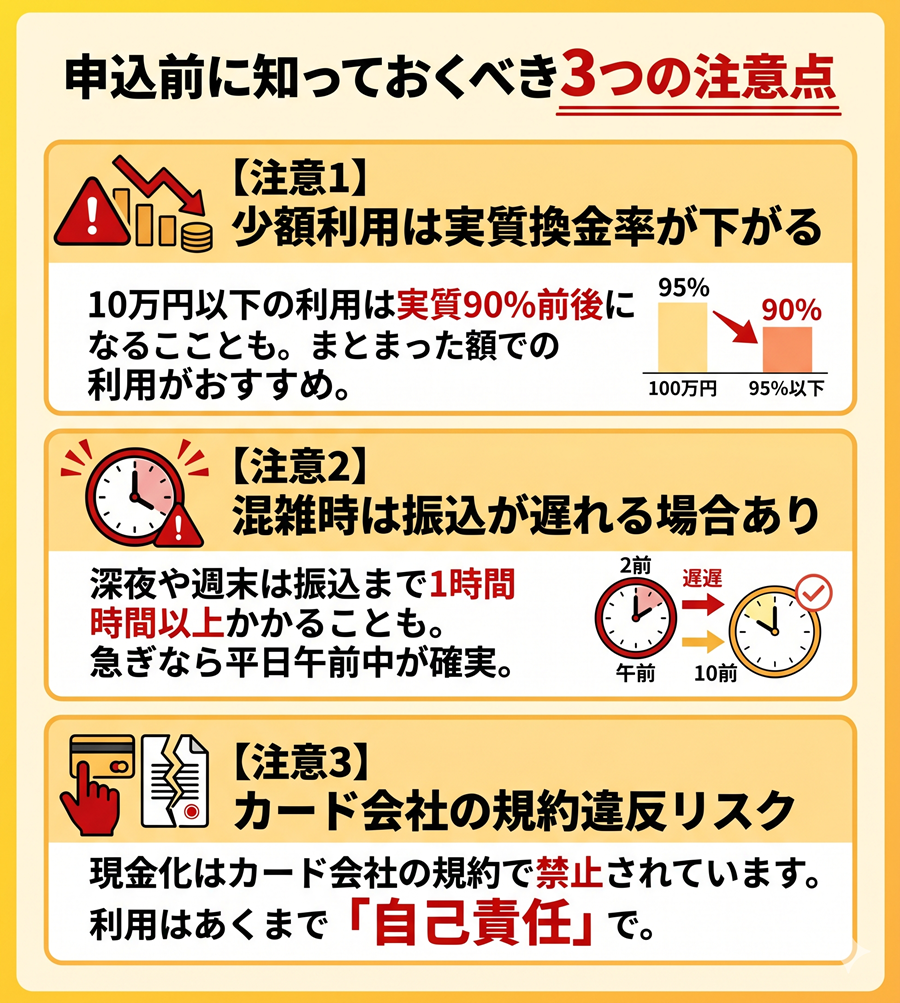 ナンバーワンキャッシュの注意点を図解。少額利用時の換金率低下、混雑時の遅延、カード会社規約違反のリスクについて警告