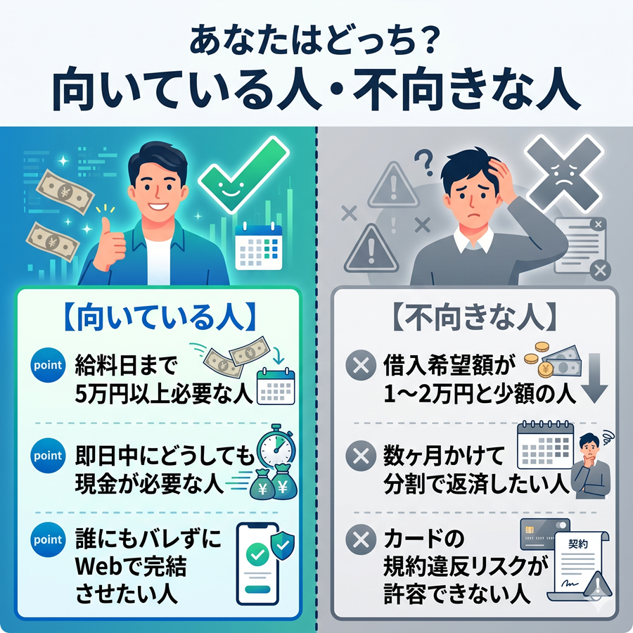 ナンバーワンキャッシュが向いている人と不向きな人を比較図解。即日5万円以上必要な人に向き、少額や分割返済希望の人には不向きであることを整理
