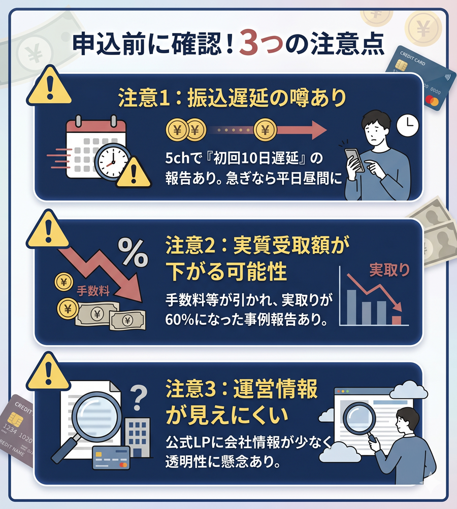 タイムリー現金化の3つの注意点を図解。振込遅延の噂、実質受取額の低下リスク、運営情報の不透明さについて警告