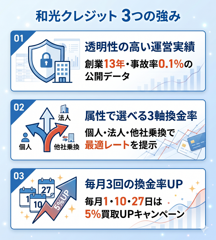 和光クレジットの3つの強みを図解。透明性の高い運営実績、属性で選べる3軸換金率、毎月3回の換金率UPキャンペーンを整理