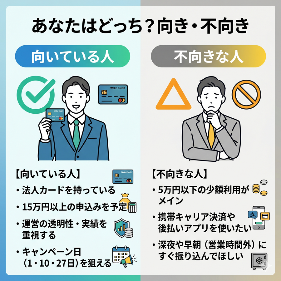 和光クレジットに向いている人と不向きな人の特徴を対比。法人カード保有者や15万円以上の利用者に向く一方、少額利用やキャリア決済希望者には不向き